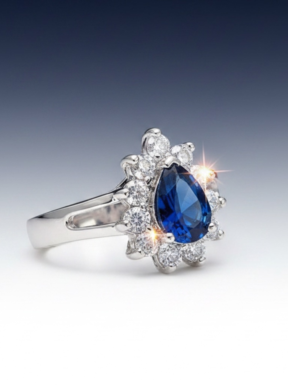 Womens Silver Blue Sapphire Design Teardrop Zirconia Ring Size 8
